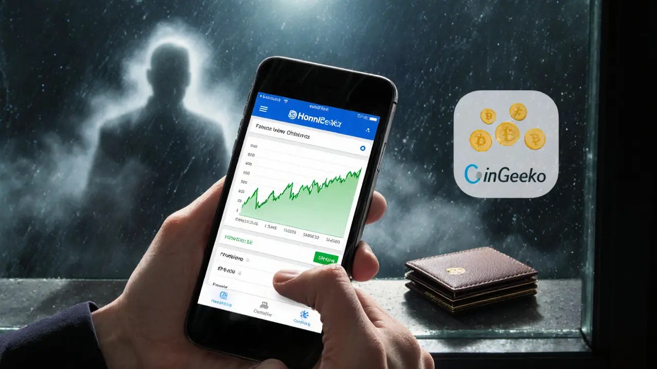Hand hovering over a fake crypto app screen, with ghostly scammers fading behind.