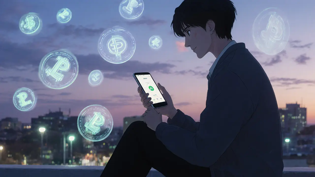 Someone on a rooftop using a smartphone with the Liquidus app, while ghostly old tokens float behind them.