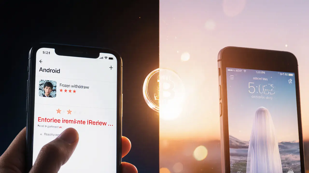 Split-screen of Android and iPhone with contrasting reviews, a ghostly LA token between them.