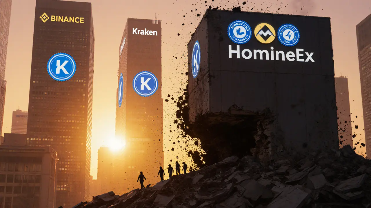Verified crypto exchanges glowing at sunset while HomiEx dissolves into dust.