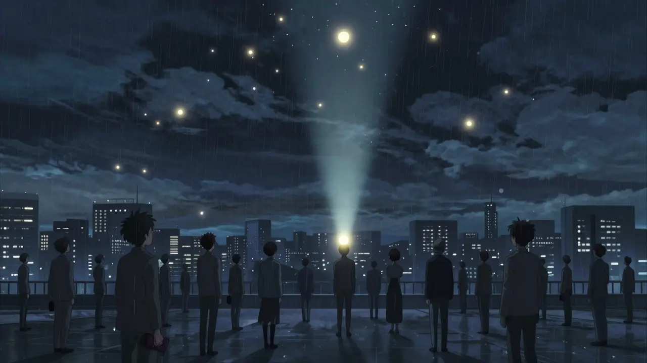 850 glowing dots in a sky above a silent city, representing winners of the SUNI airdrop, while thousands wait below.
