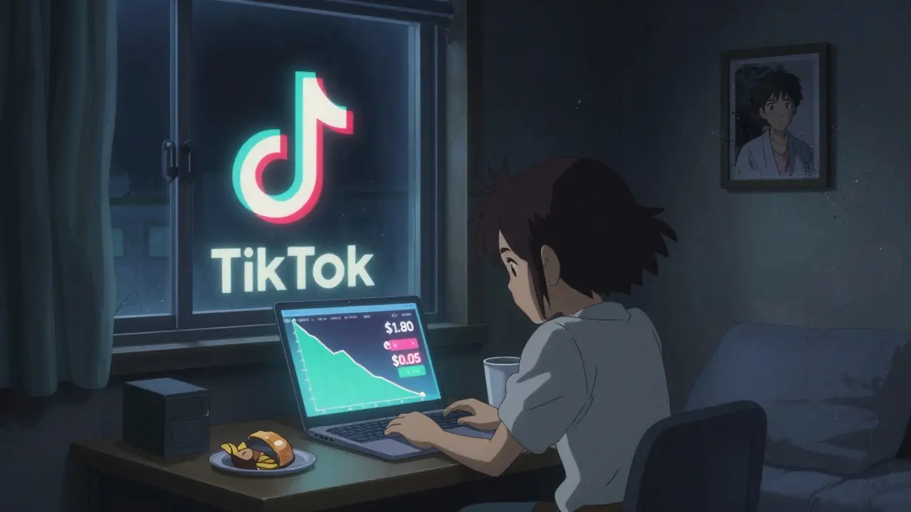 A bedroom at night, screen showing a collapsing token price, as a creator&#039;s photo dissolves into pixels under moonlight.