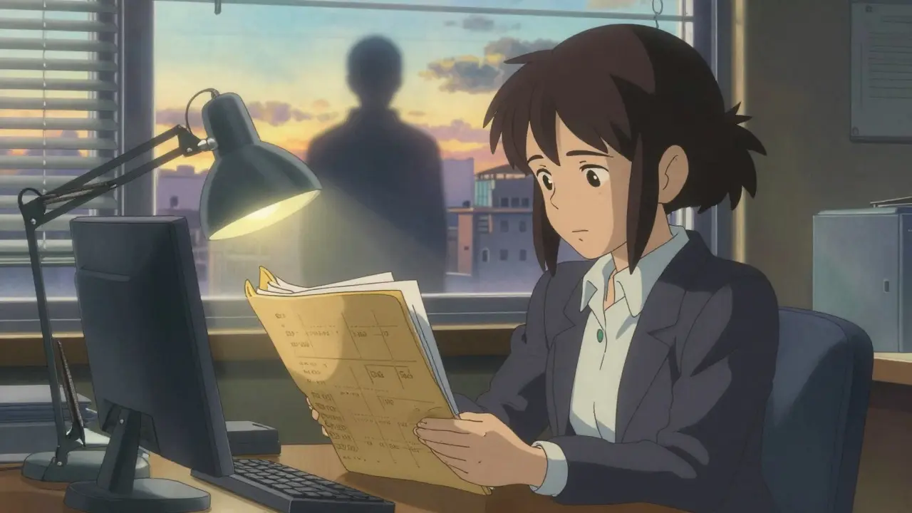 A compliance officer reviewing a massive digital folder at dawn, with a silent SEC figure watching from outside.