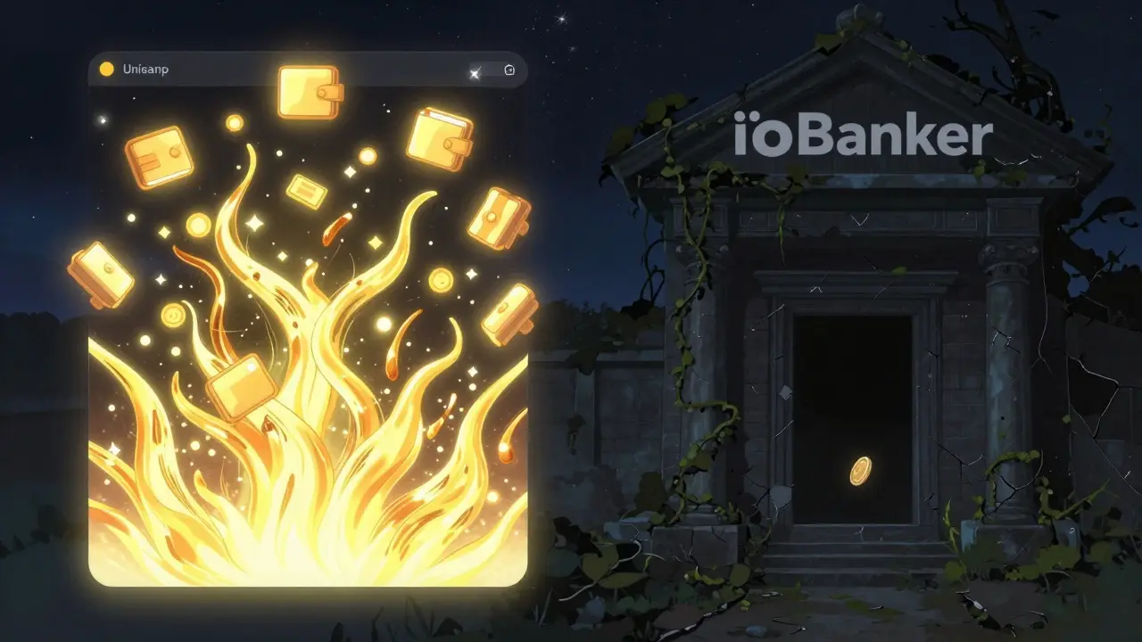 A contrast scene: vibrant Uniswap glowing beside a dark, abandoned ioBanker interface overgrown with vines.