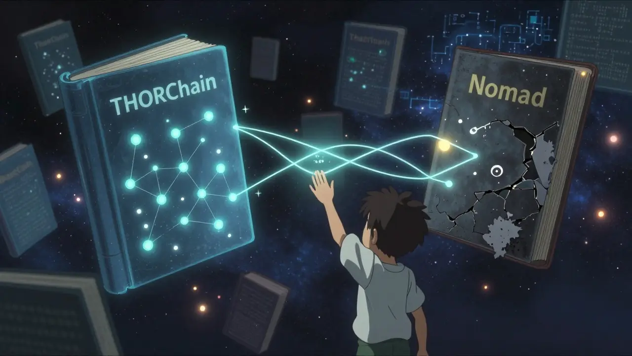 A cosmic library of blockchains connects via glowing threads, with one broken book scattering ash among stars.