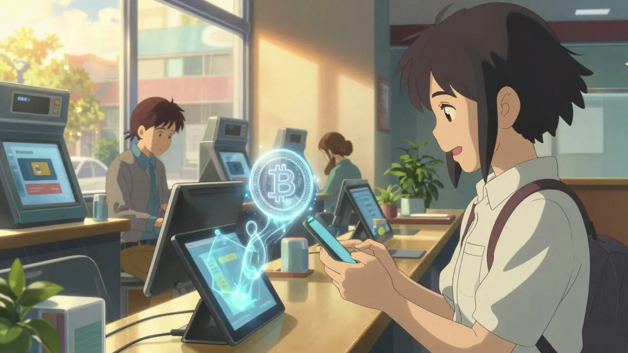 A customer using a smartphone to send a stablecoin transfer in a bright, sunlit bank lobby.