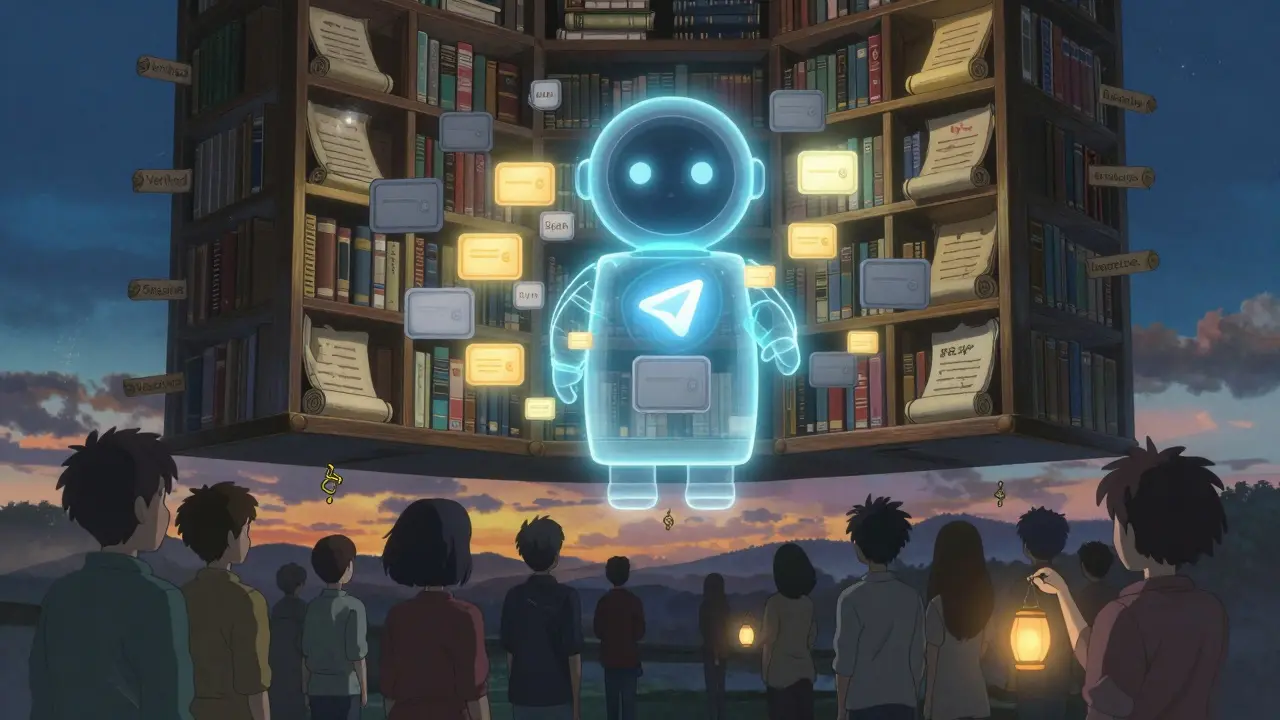 A floating digital library with verified and spam wallet addresses glowing in twilight sky.