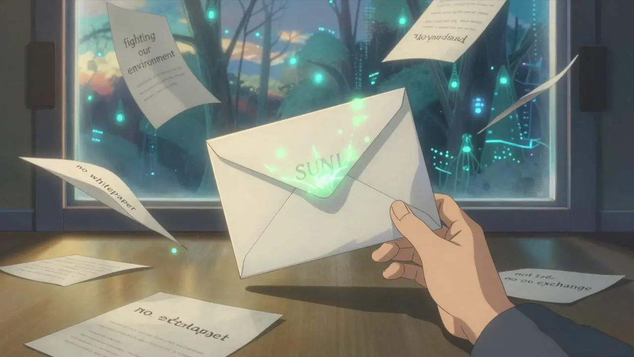 A floating envelope labeled 'SUNI' in an empty room, surrounded by fragmented notes about its mysterious purpose.