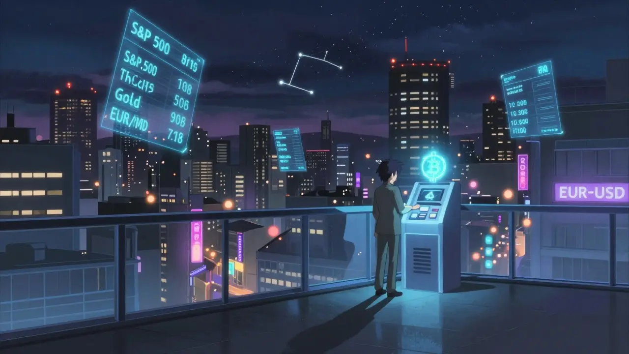 A futuristic city at night with holographic financial assets drifting above the skyline, illuminated by cool blue and violet hues.