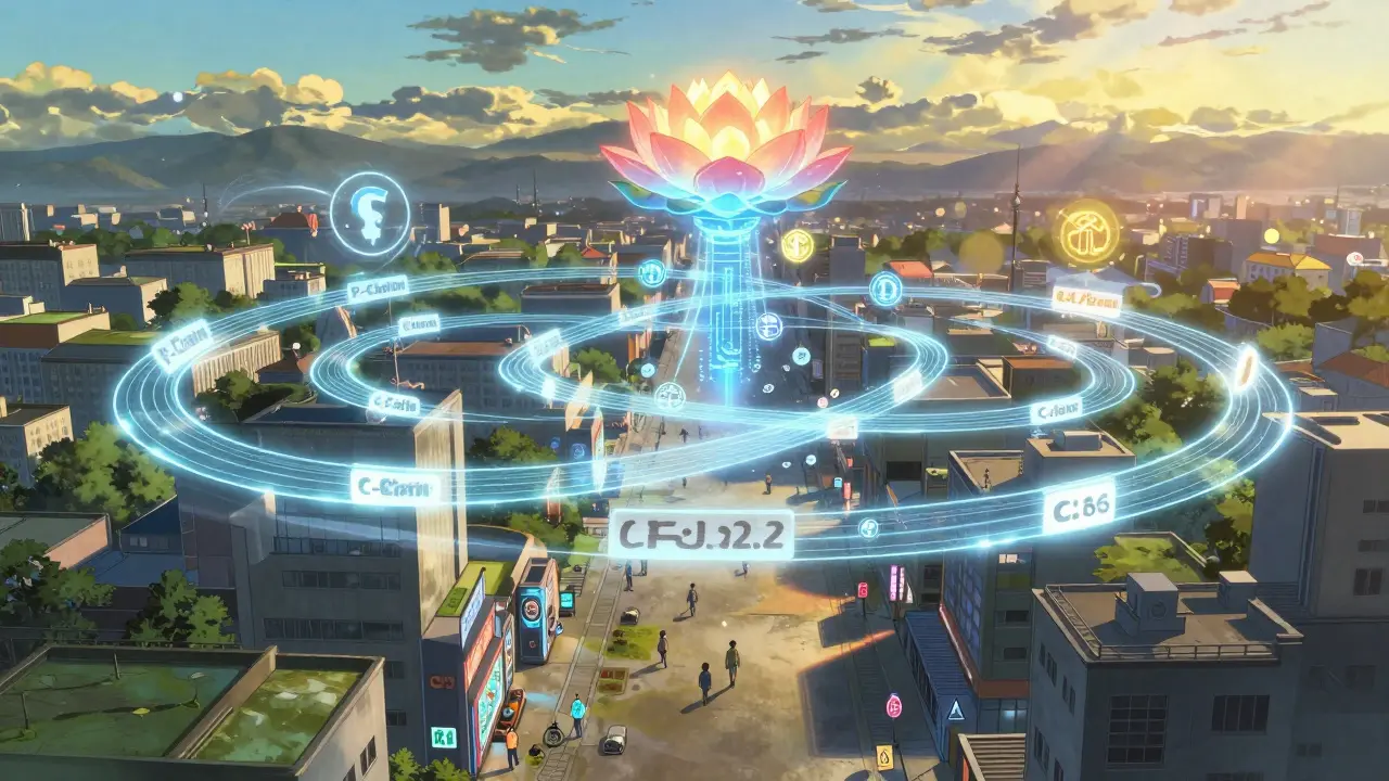A futuristic city with three glowing network ribbons in the sky, above a bustling street where users interact with DeFi kiosks.