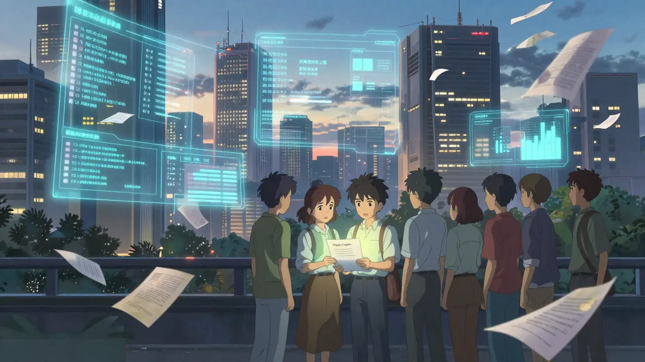 A futuristic financial district with holographic regulatory dashboards and a startup holding the Project Crypto document.