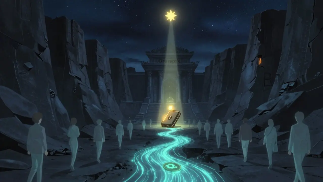 A glowing hardware wallet on steps of a crumbling digital temple, surrounded by fading trader silhouettes under a starry sky.