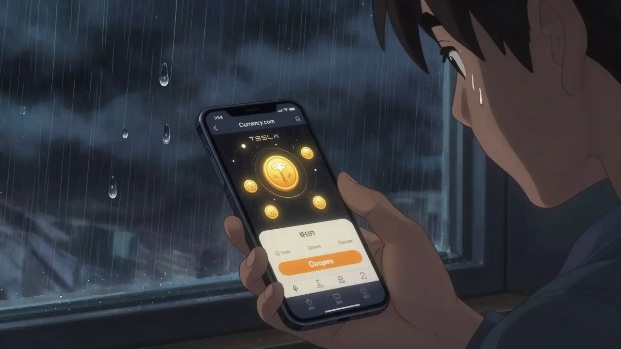 A hand holding a phone showing tokenized assets, rain streaking the window with reflections, in moody anime lighting.