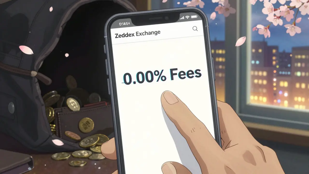 A hand hovering over a glitching Zeddex Exchange screen, with a void swallowing coins as other exchanges glow in the distance.