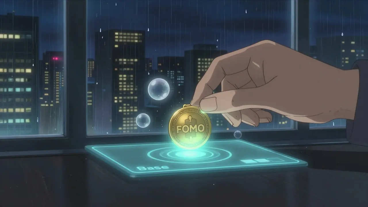 A hand interacting with a holographic voting interface surrounded by floating memecoin symbols.