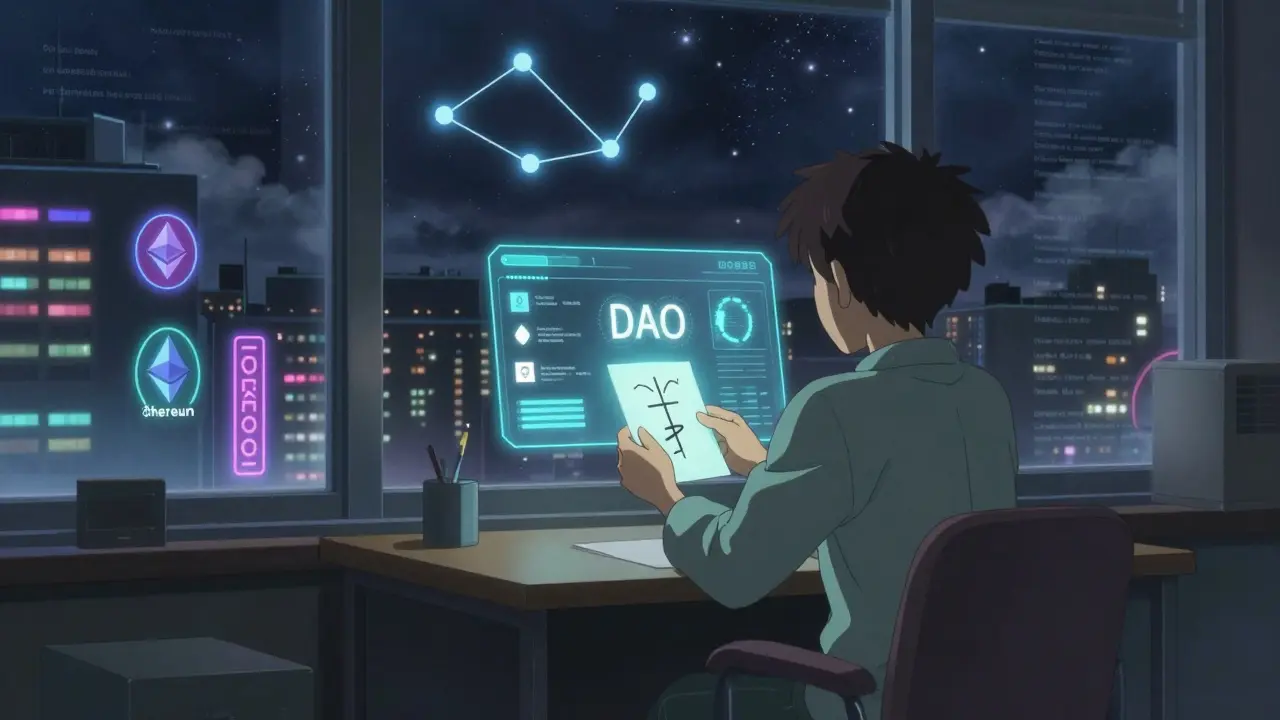 A person holding a glowing private key note, with blockchain logos shining in the night window.