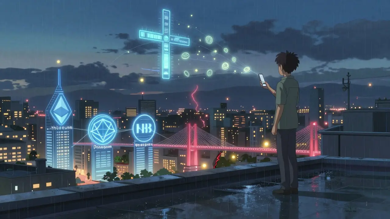 A person on a rainy rooftop watches holographic crypto tokens flow between city towers shaped like blockchains.