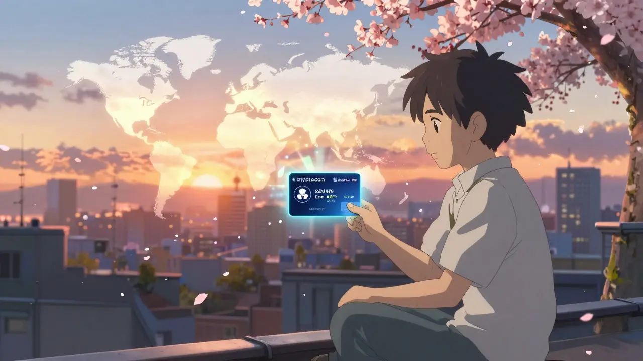A person on a rooftop watching holographic crypto earnings as cherry petals drift over a licensed global map.