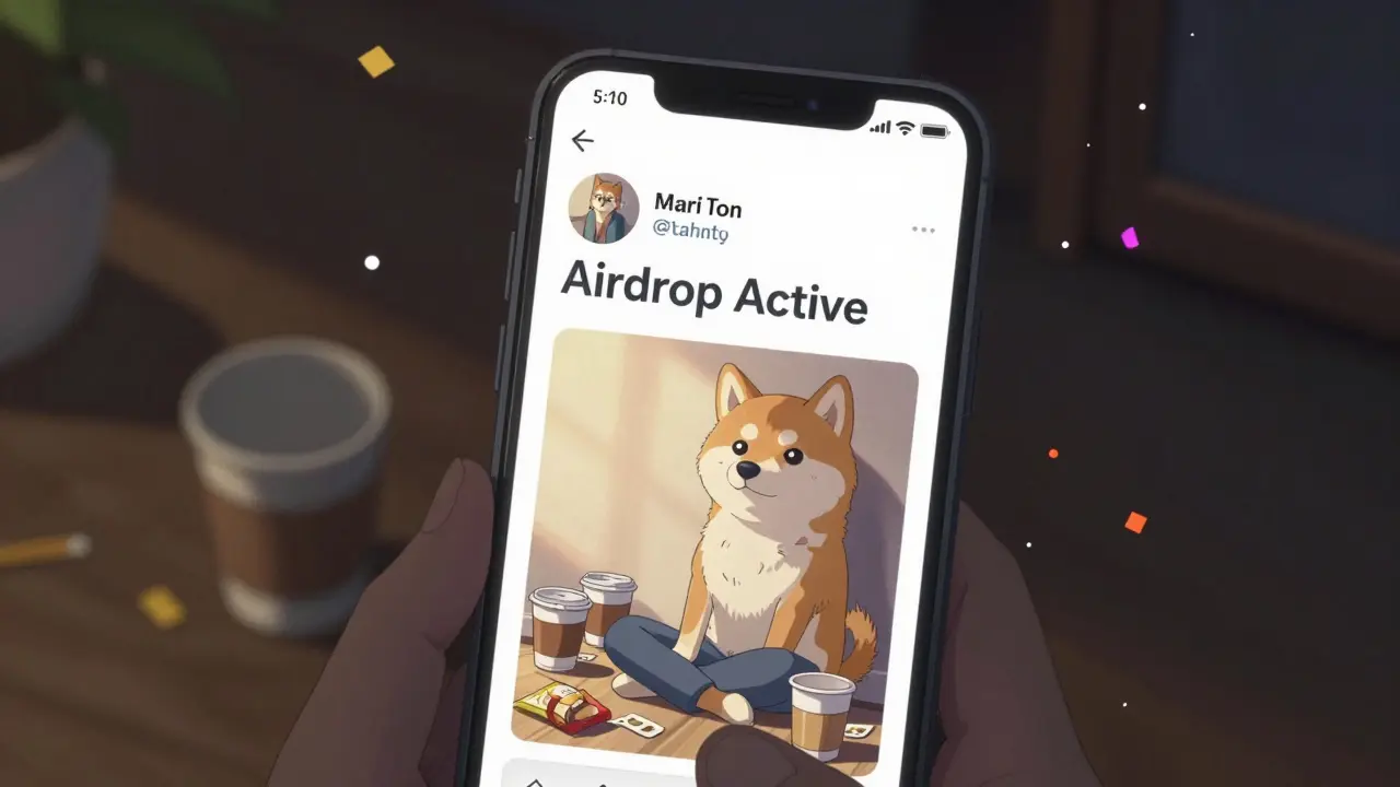 A person’s eyes reflected in a smartphone screen showing an airdrop tweet, surrounded by soft ambient light and drifting digital petals.