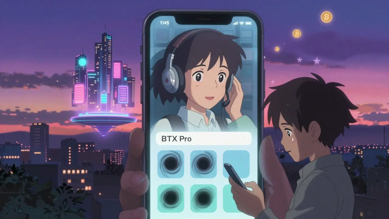 A romantic digital scammer whispers as a phantom BTX Pro city rises in the sky above a tearful victim in twilight.