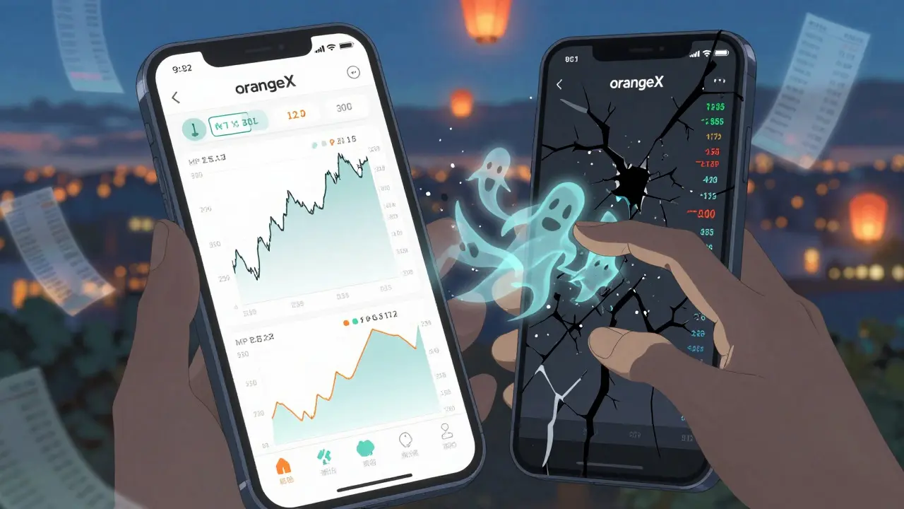 A smartphone screen splitting into smooth trading interface and glitching chaos, with digital ghosts escaping.