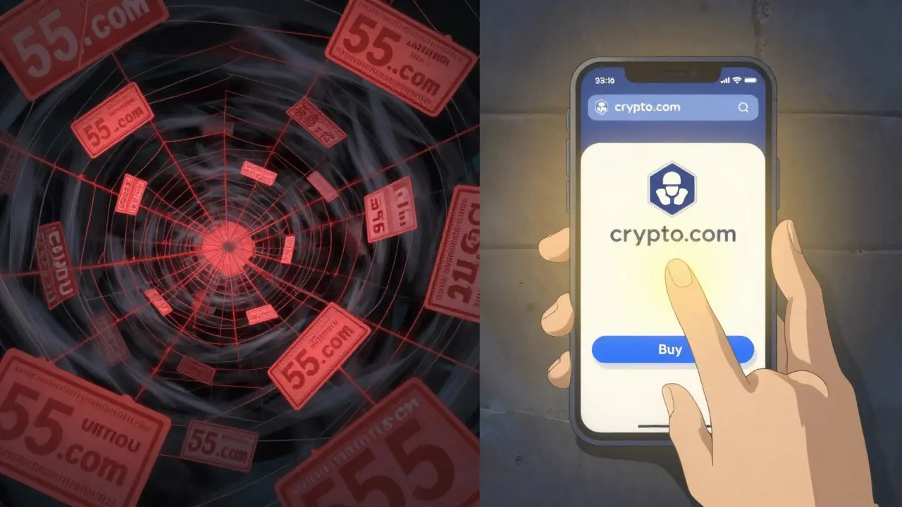 A split scene: chaotic fake '55.com' scams vs. calm Crypto.com app with golden light radiating from the screen.
