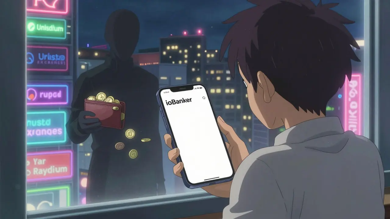 A trader sees their reflection in a phone screen showing ioBanker, while shadowy hands take their coins.