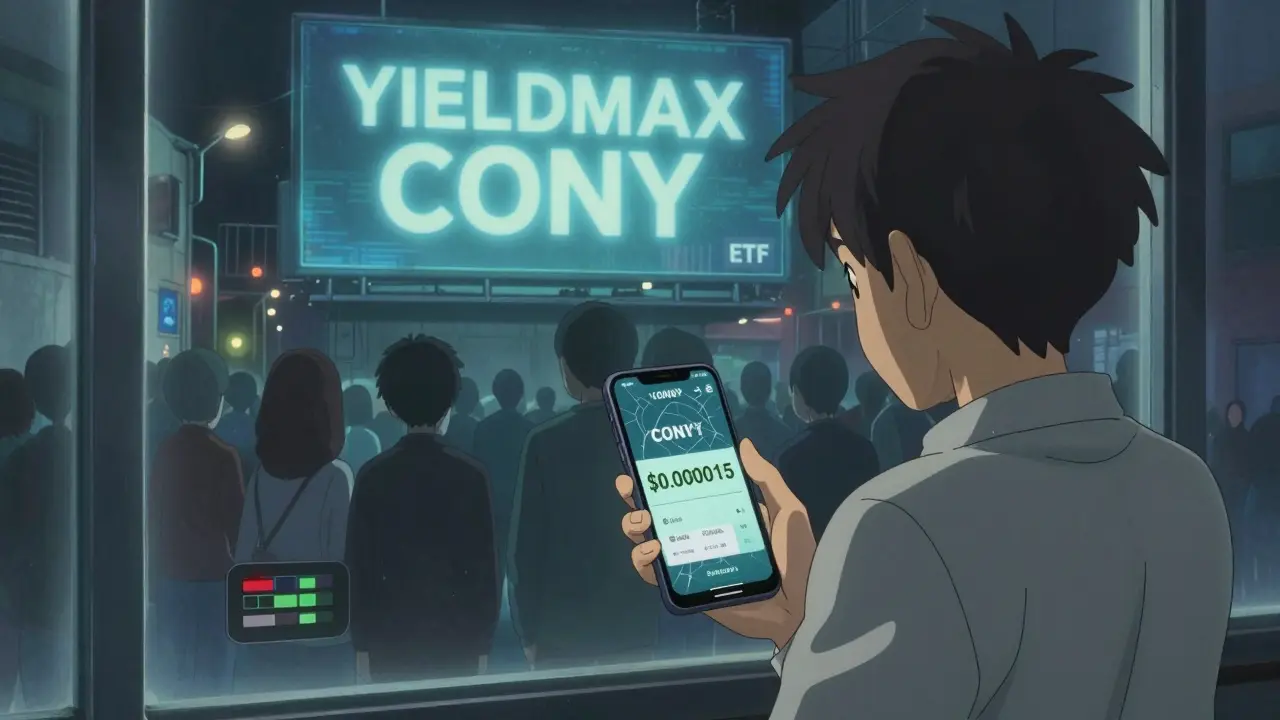 A young person stares at a phone showing a near-zero CONY price, while a giant ETF billboard looms behind them.