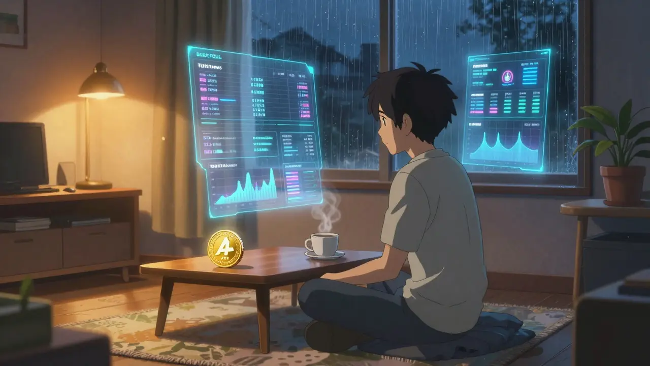 A young user relaxes in a cozy room surrounded by holographic DeFi interfaces, lit by warm lamplight and soft rain.