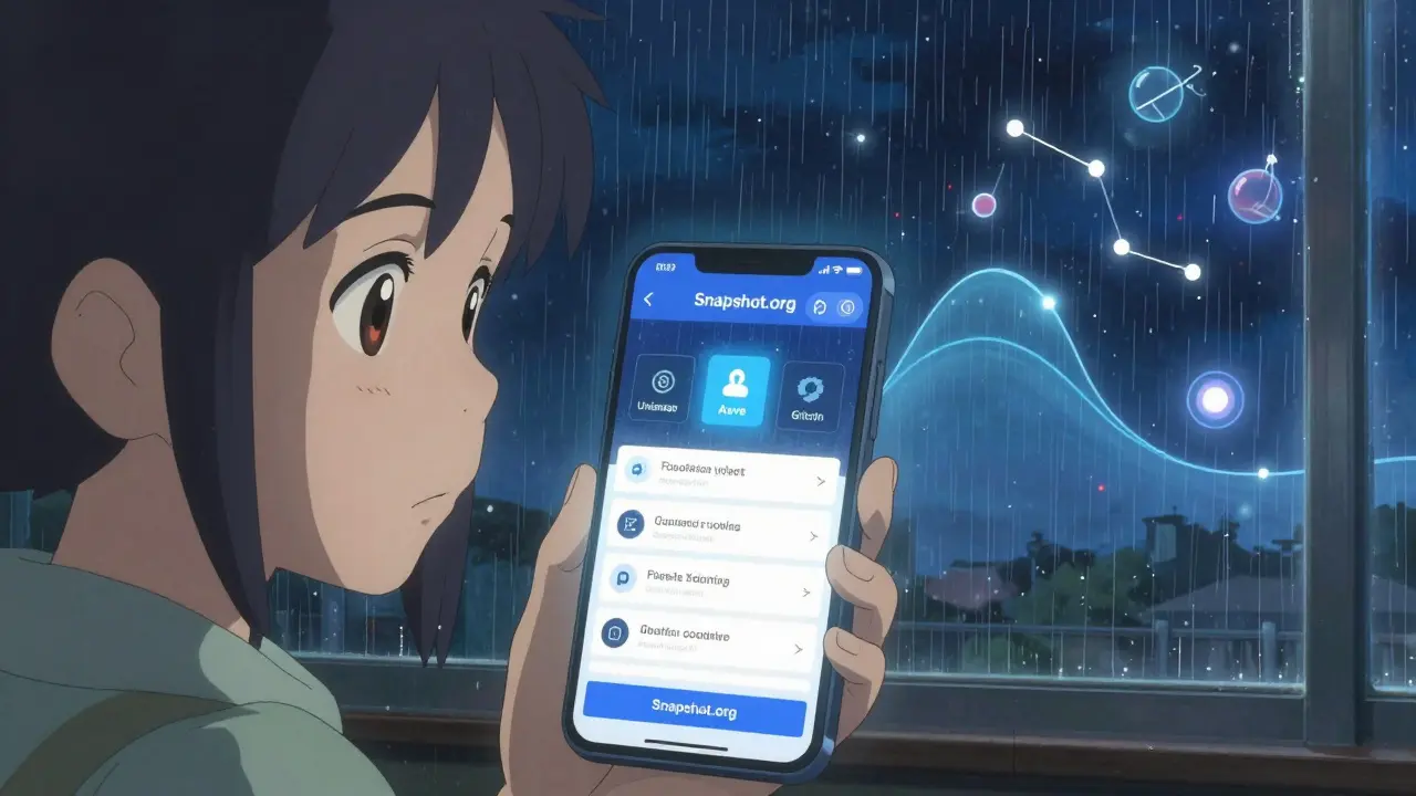 A young woman voting on her phone at night, rain falling outside, digital finance icons glowing behind her.