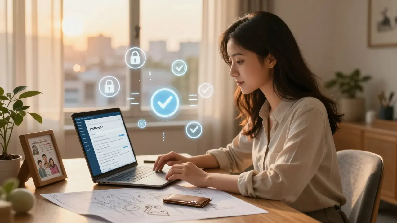 A young woman works on a crypto wallet design at home, bathed in golden light with compliance icons glowing around her.