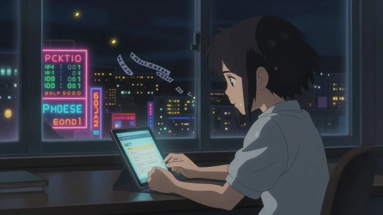 An artist staring at a zero-value NFT listing, city lights darkened behind them.