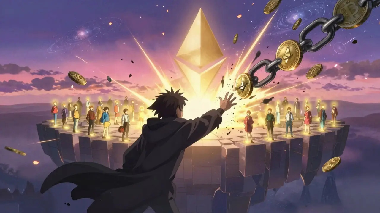 An attacker dissolves into ash as millions of stakers form a luminous shield of blockchain blocks, petals falling in a violet-pink digital void.