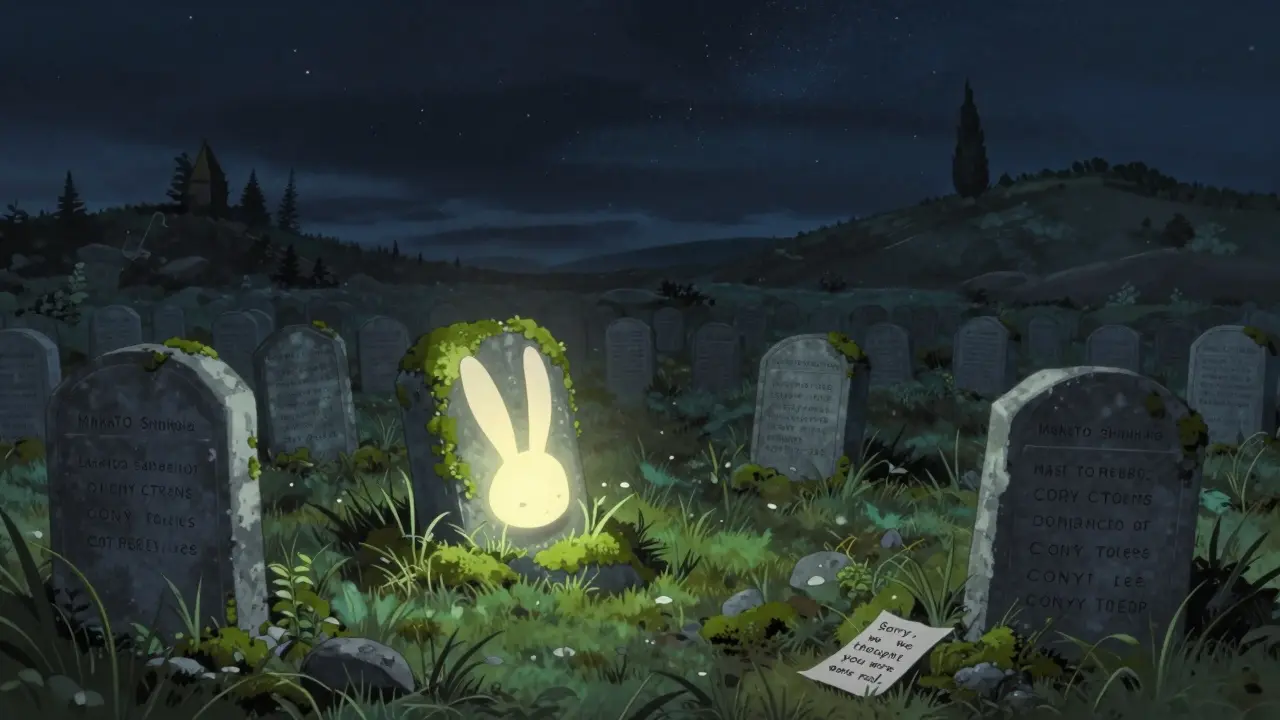 An empty digital graveyard with tombstones of wallet addresses, one rabbit ear half-buried in moss under starlight.