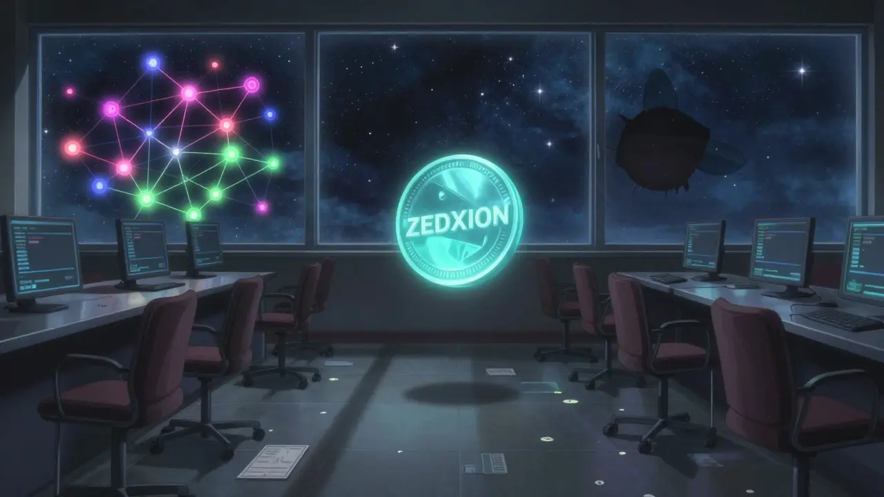 An empty digital lounge with flickering monitors and a lone spinning token, contrasted against a vibrant night sky of real crypto activity.
