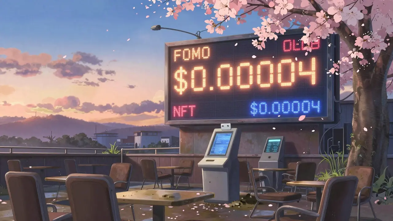 An empty FOMO club lounge at dawn with a dusty NFT terminal and fading price predictions on a billboard.