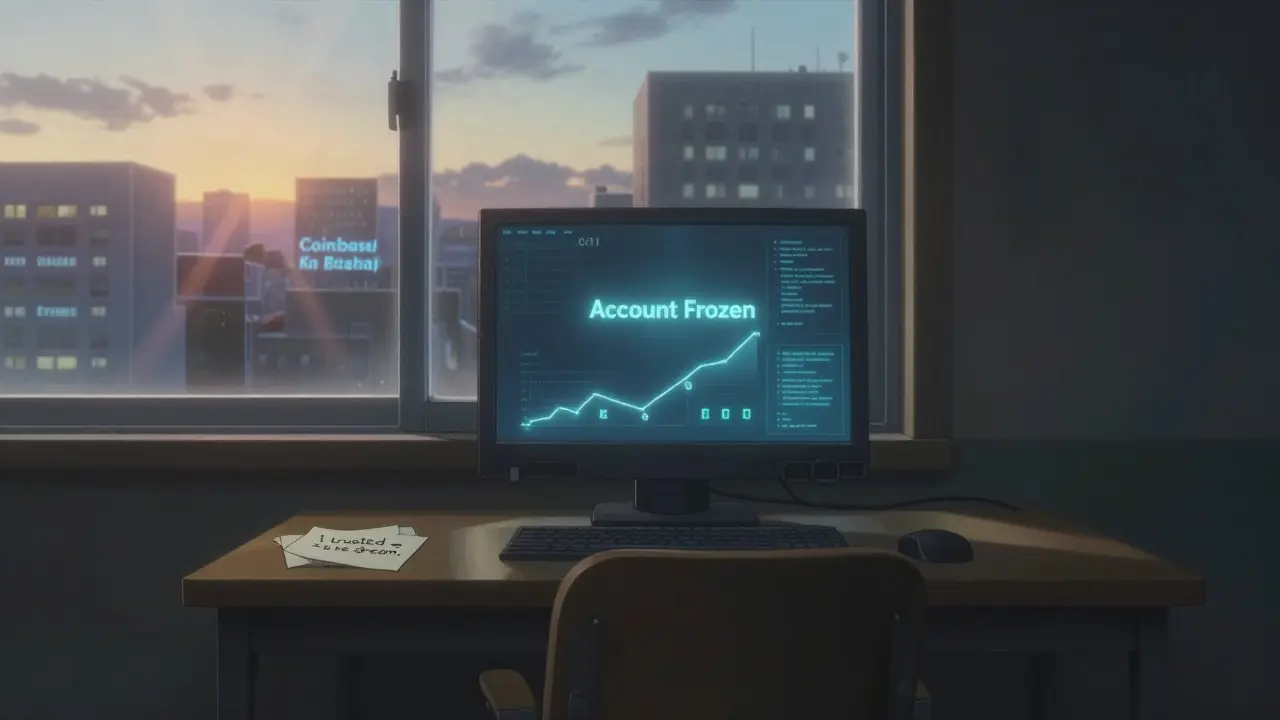 An empty room at dawn with a frozen BTX Pro screen and real exchanges glowing in the distance, symbolizing lost trust.