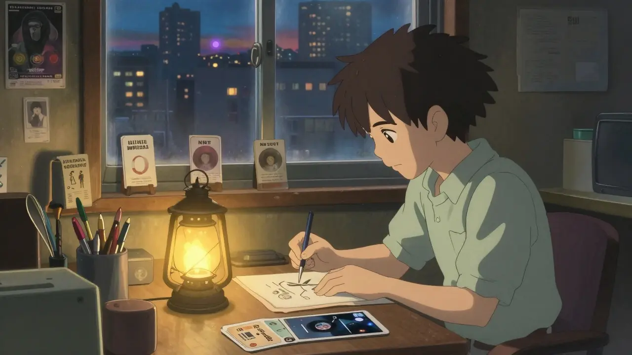 Artisans crafting utility-based NFTs in a warm-lit workshop, distant flashy ads faded away.