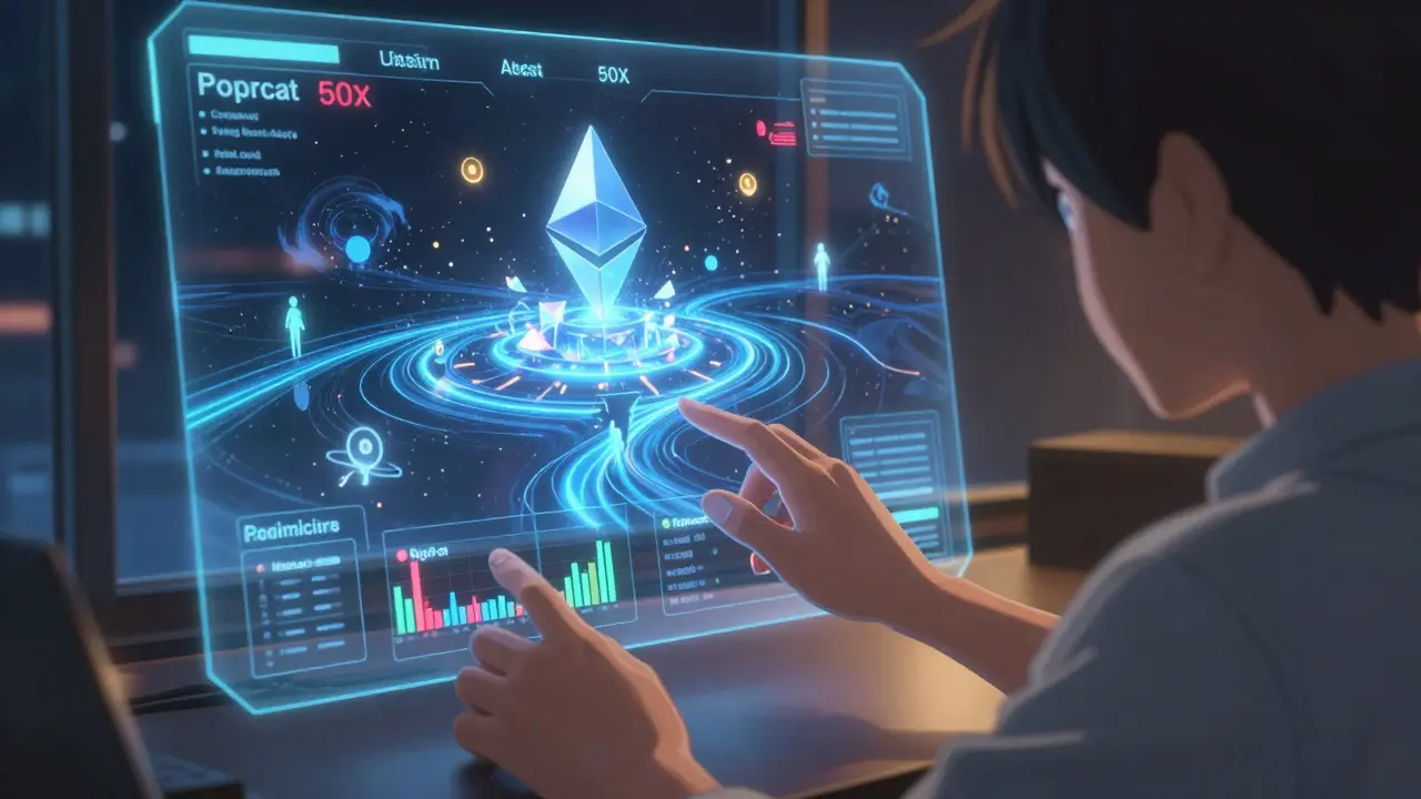 Close-up of hands interacting with holographic trading charts, with Cosmos and Ethereum chains flowing behind.
