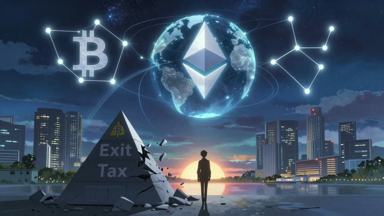Cosmic crypto symbols orbiting Earth above Singapore, with a figure walking away from a tax pyramid toward a bright horizon.