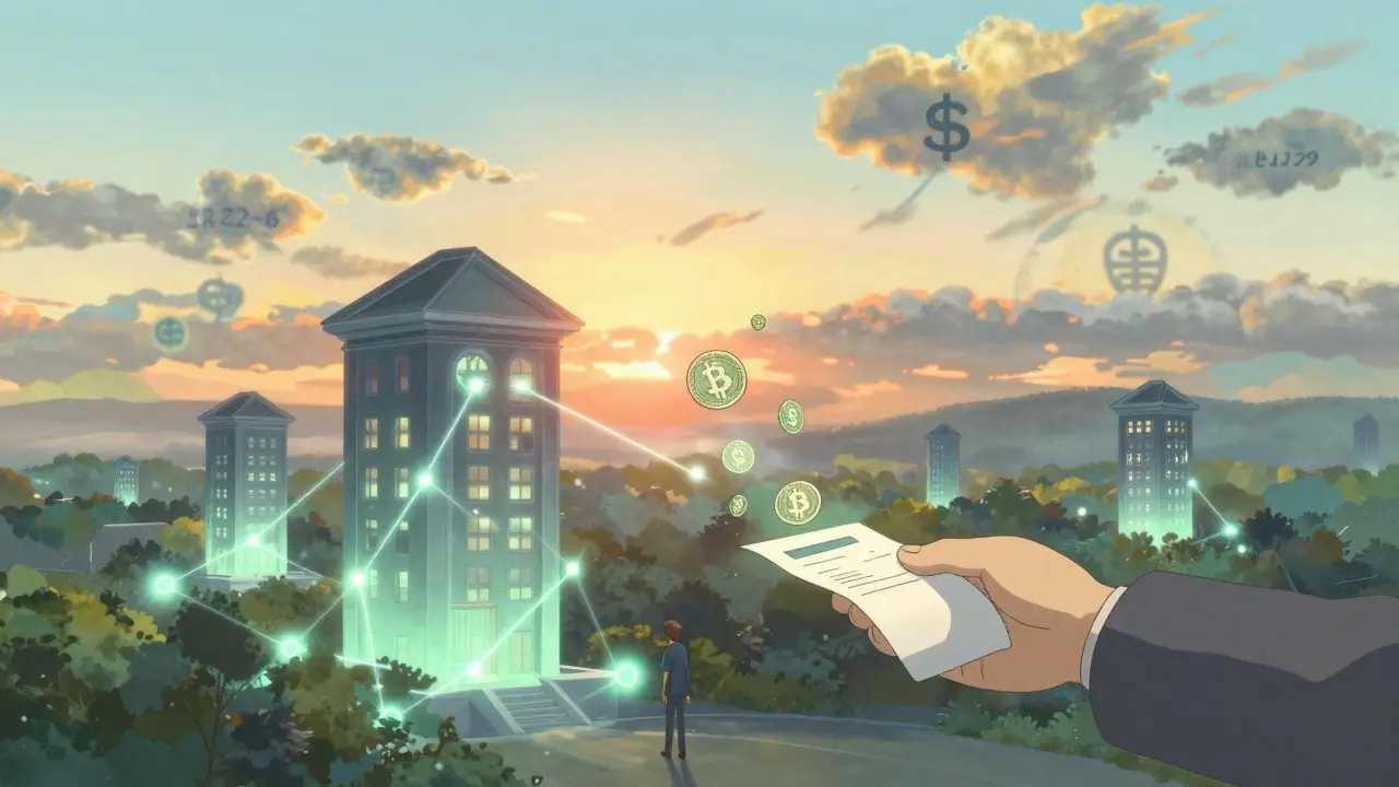 Digital blockchain nodes connected by light threads rising beside bank towers at sunrise.