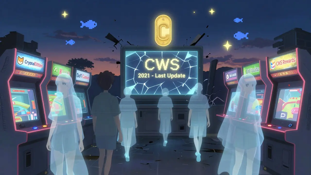 Fading players walk through a ruined digital arcade with broken game machines and a lone glowing CWS token above a cracked screen.
