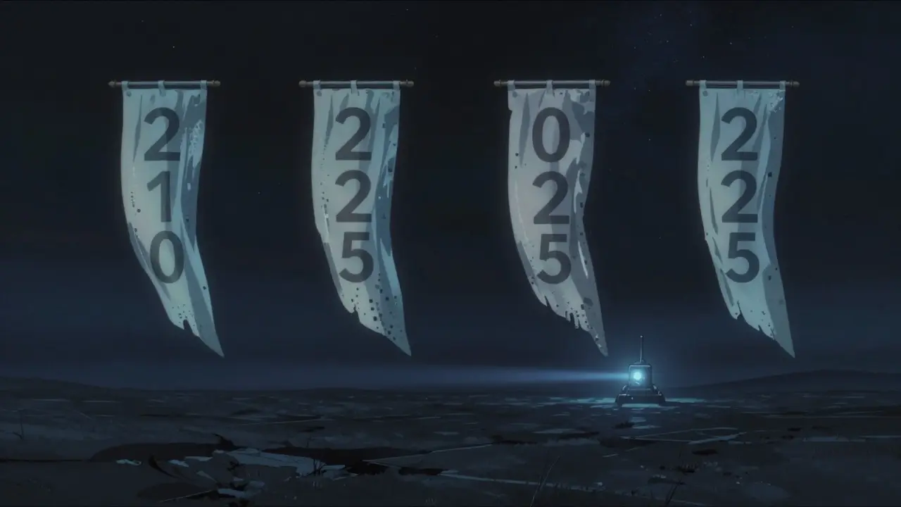 Fading seasonal token banners drift apart into a dark digital void as a mining rig shuts down.