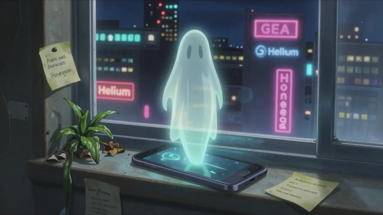 Ghostly GEO tokens hovering over a forgotten phone with faded referral notes nearby.