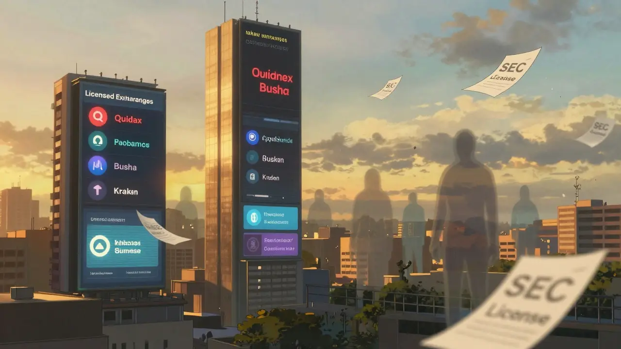 Lagos skyline with licensed crypto exchanges glowing in golden light, unlicensed ones fading into shadows.