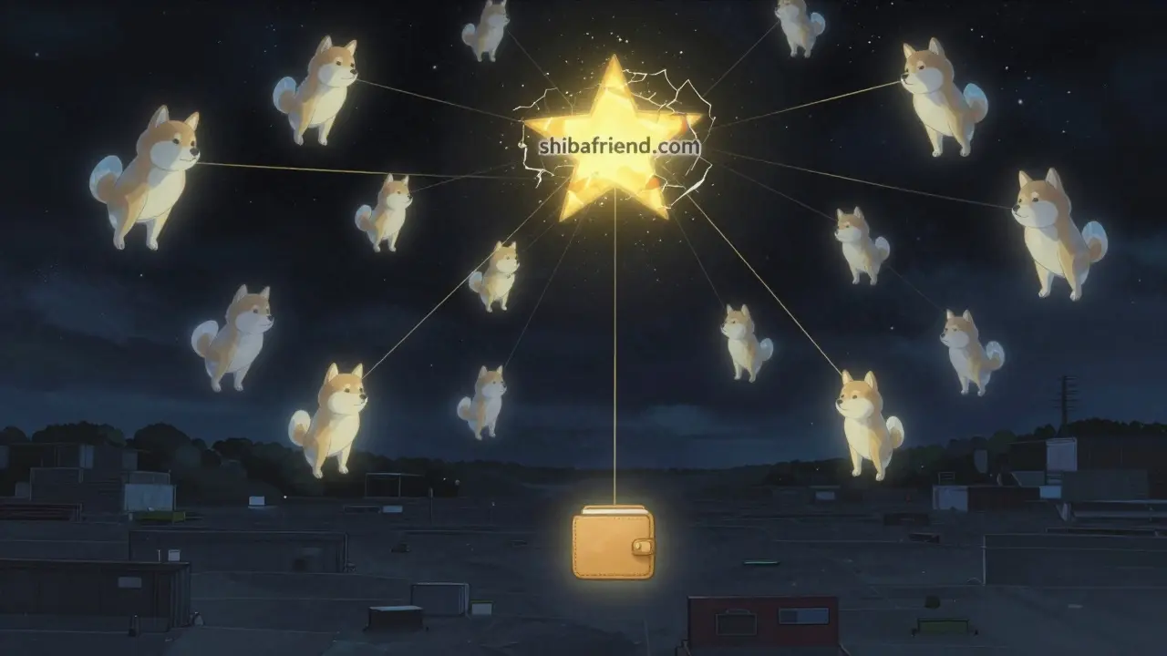 One thousand translucent Shiba Inu NFTs drifting in a starry void, connected by golden threads to a flickering website logo.