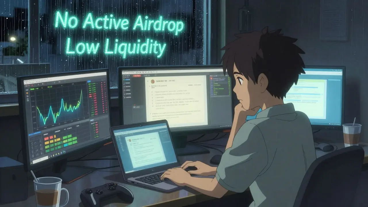 Someone in a dim room staring at screens showing CWS price charts with rain reflecting 'No Active Airdrop' on the window.