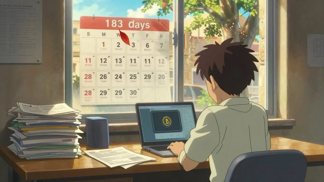 Someone in Malta surrounded by legal documents and a crypto laptop, with a calendar showing counted days and a falling leaf.