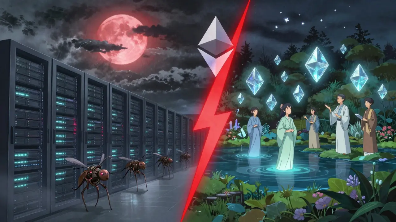 Split scene: stormy data center on one side, serene lunar garden of staking tokens on the other, with a slash of crimson light dividing them.