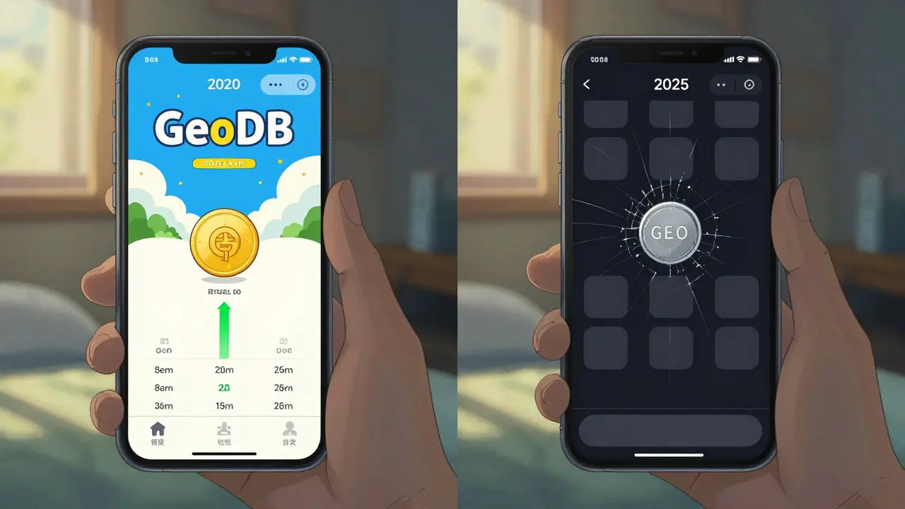 Split-screen of a 2020 GeoDB app versus a dim 2025 Wallace Wallet on the same phone.